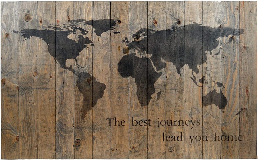 WORLD MAP RUSTIC BARN WOOD PALLET SIGN - THE BEST JOURNEYS LEAD YOU HOME. 42"x26" Handcrafted elegant antique style wall decor with inspirational quote that will look beautiful in your family home