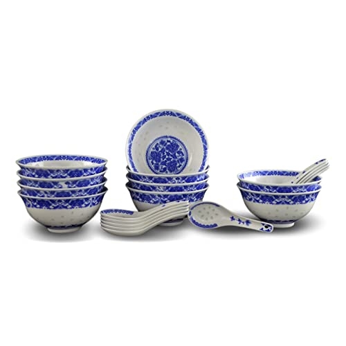 10 Pcs Fine Porcelain Blue and White Rice Pattern Bowls, Cereal Bowls, Rice Bowls with Free 10 Porcelain Spoons Jingdezhen China Soup Bowl, Fruit Bowl Set