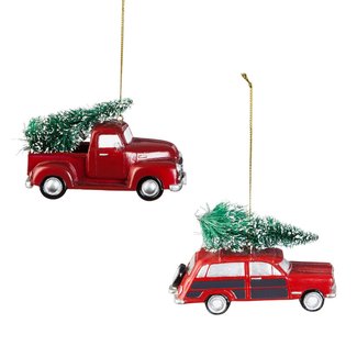 2 Piece Polystone Truck and Station Wagon Hanging Figurine Set