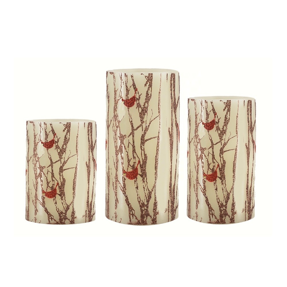 3 Piece Glitter Cardinal LED Gift Box Unscented Pillar Candle Set