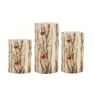 3 Piece Glitter Cardinal LED Gift Box Unscented Pillar Candle Set