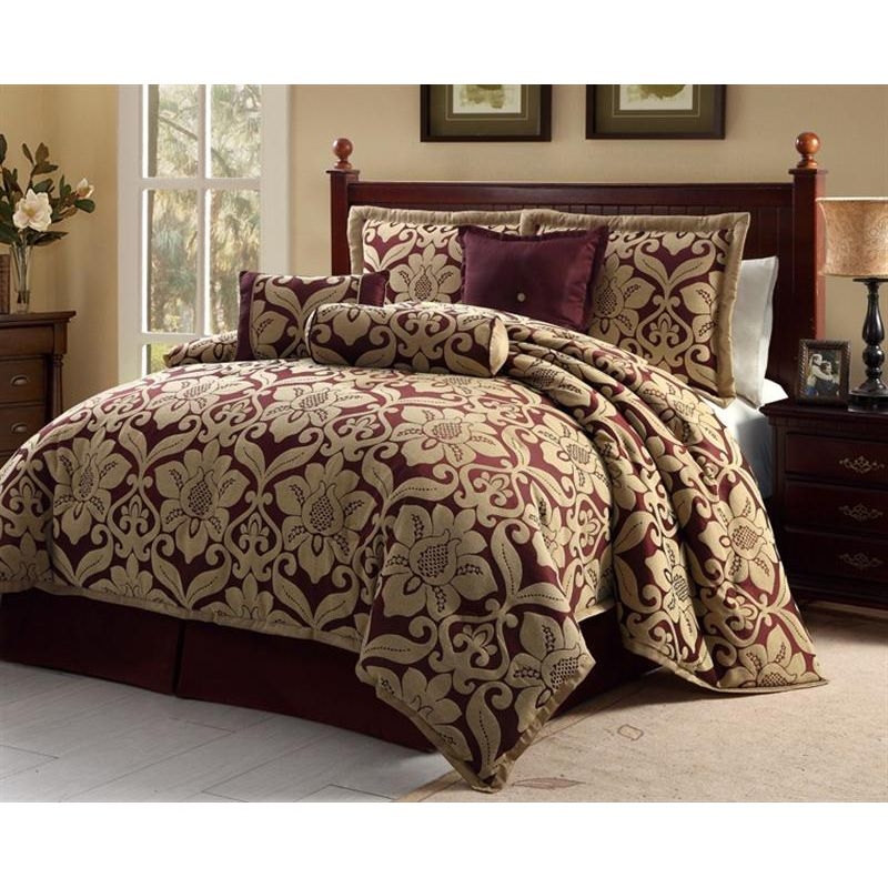 7pc BurgundyGold Oversized Floral Design Comforter Set ...