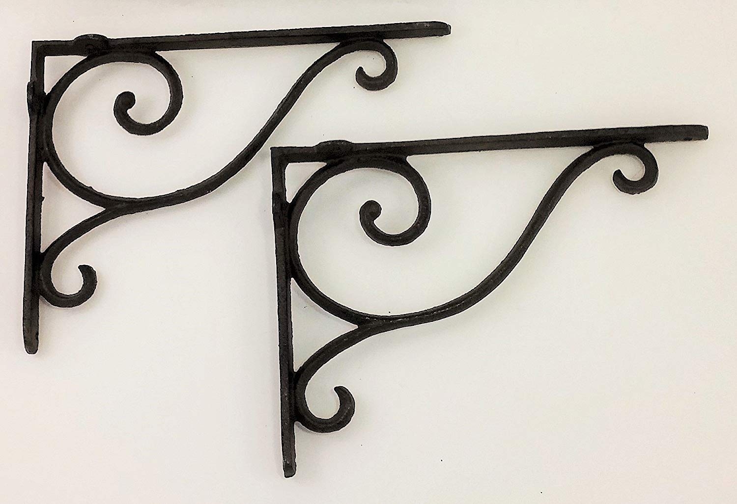 Aunt Chris' Products - [Lot/Set of 2] - Shelf Bracket With Simple Thin Victorian Scroll Design - Wrought Iron - All-Purpose Hanger - Dark Rustic Bronze Primitive Design - Indoor or Outdoor Use