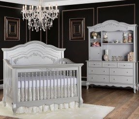 gray baby crib and dresser set