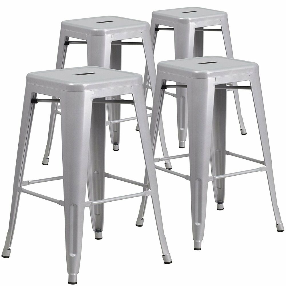 Belleze Set of 4 Modern Industrial Bar Stools Stackable Stool Footrest 30" Seat Height- Gray