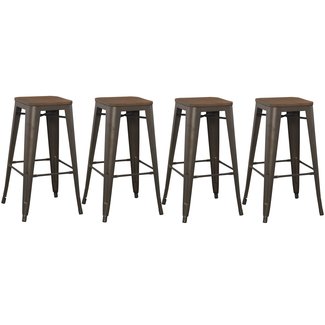 BTExpert 30" inch Bar Stool, Modern Solid Steel Stacking Industrial Rustic Metal with Wood Top set of 4