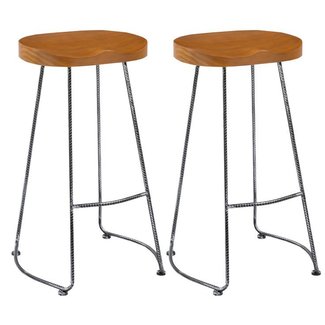 BTEXPERT 5084 Vintage Barstool Industrial 30 inch Antique Rebar Counter Bar Height Bistro Pub Stool Saddle Wood Set of 2