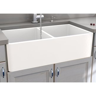 Cape 33" L x 18" W Double Basin Farmhouse Kitchen Sink with Basket Strainer