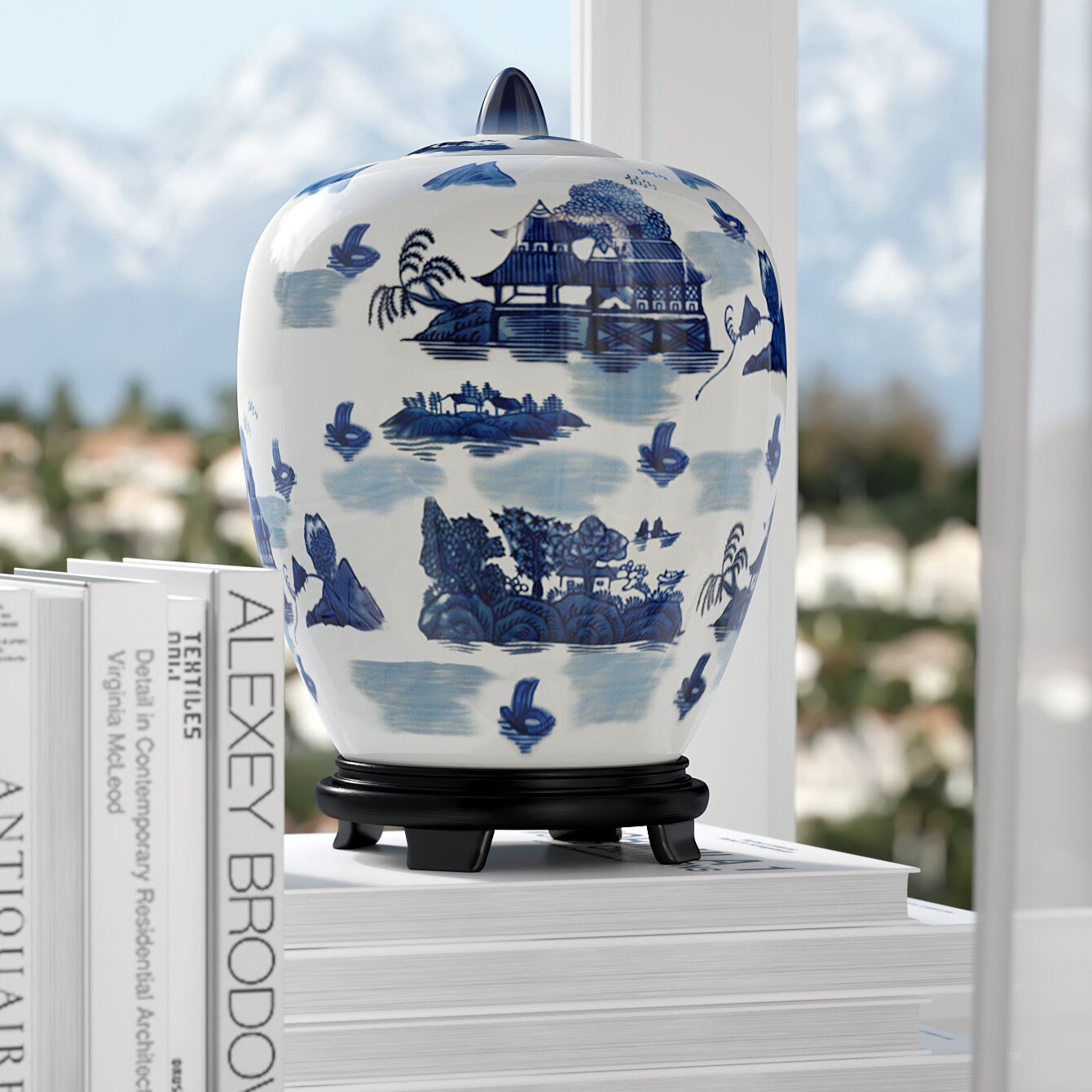 Christiane Porcelain Vase Jar with Blue Landscape Design in White