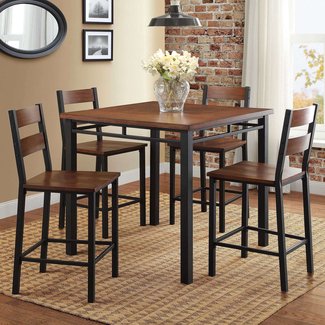 Counter Height Dining Set Table And 4 Chairs, Durable Metal Construction, Square Shape, Footrest, Ideal For Family Gathering And Evening, Kitchen, Oak Finish + Expert Guide