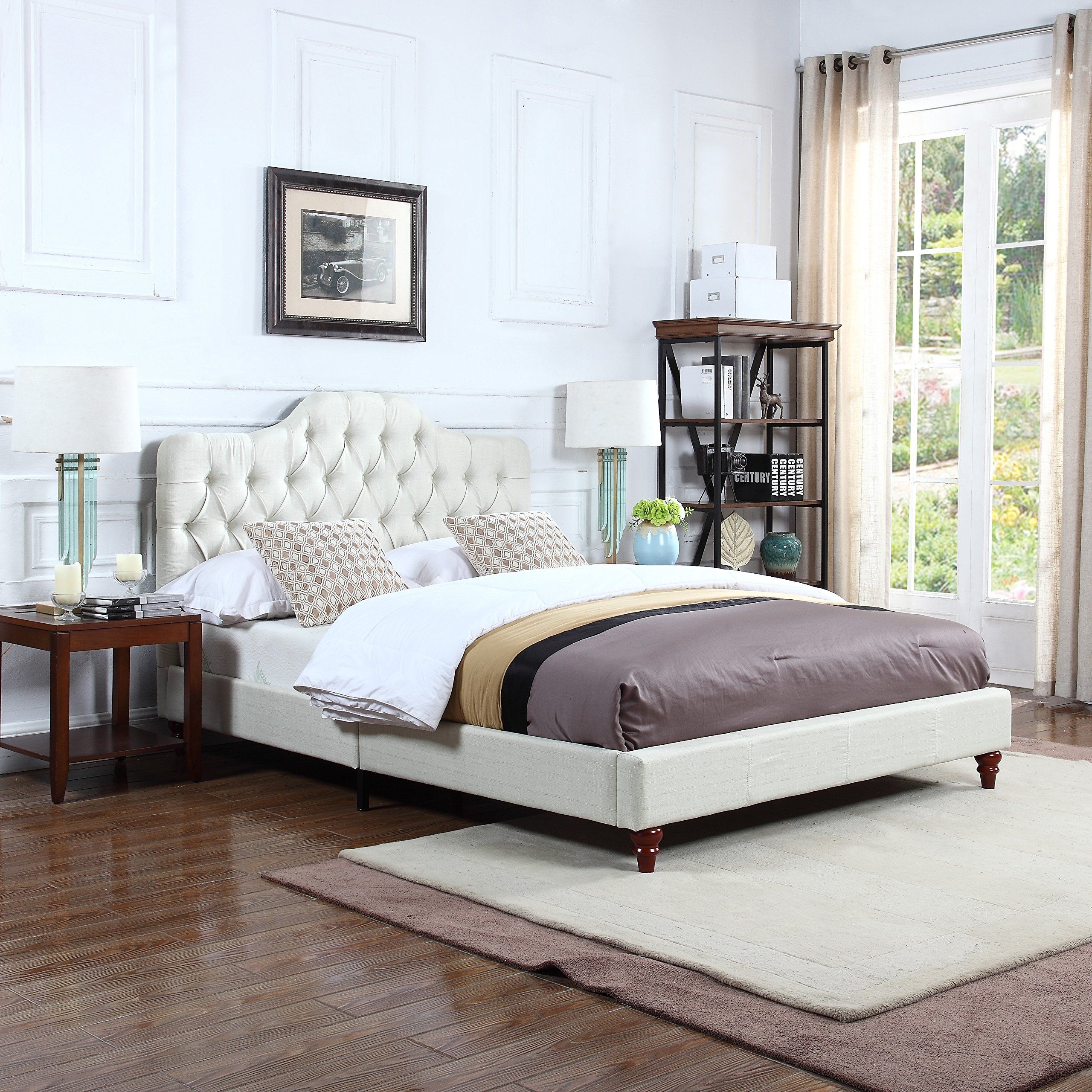 Divano Roma Furniture Classic Ivory Tufted Fabric Low Profile Bed Frame