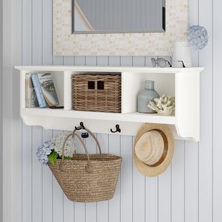 Wall Shelf with Hooks, 24 Inch Coat Rack with Shelf, Farmhouse Entryway  White