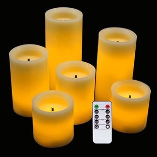 Eldnacele LED Flameless Flickering Candles Optical Fiber Wick with Remote and Timer, Battery Operated Wax Candles 6 Pack Decoration(D3" x H3" 4" 5" 6"7")