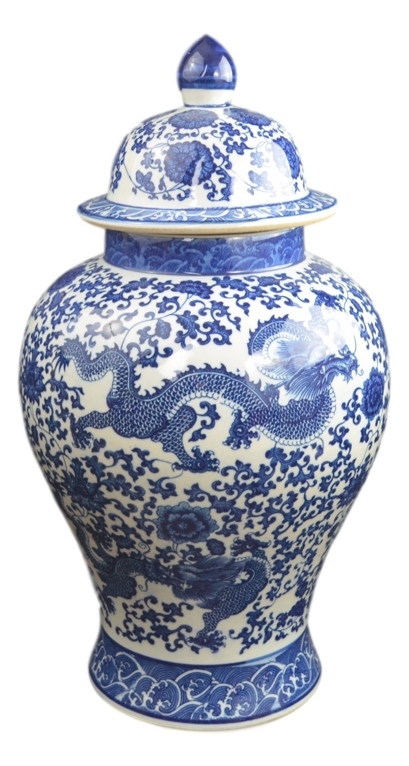 Festcool 20" Classic Blue and White Porcelain Dragon Temple Ceramic Ginger Jar Vase, China Ming Style