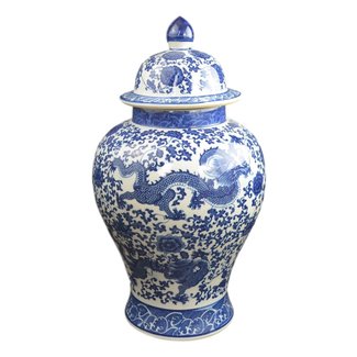 Festcool 20" Classic Blue and White Porcelain Dragon Temple Ceramic Ginger Jar Vase, China Ming Style