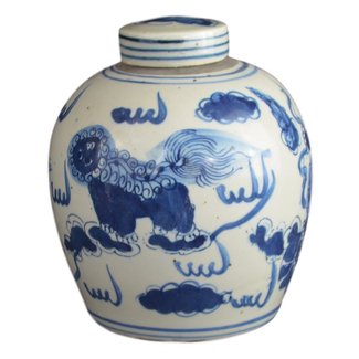 Festcool Antique Style Blue and White Porcelain Lion Dancing Ceramic Covered Jar Vase, China Ming Style, Jingdezhen (LJ2)
