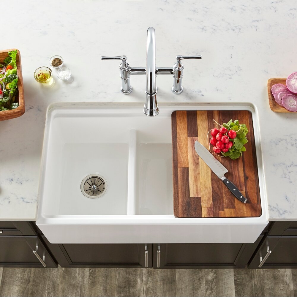 Fireclay 33" L x 20" W Double Basin Farmhouse Kitchen Sink with Aqua Divide