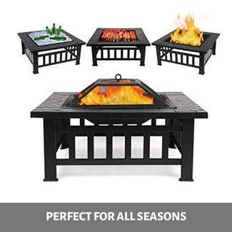 FIXKIT Fire Pit Table Outdoor with BBQ Grill Shelf, Multifunctional Garden Terrace Fire Bowl Heater/BBQ/Ice Pit, 32" Diameter Square Fireplace with Waterproof Cover