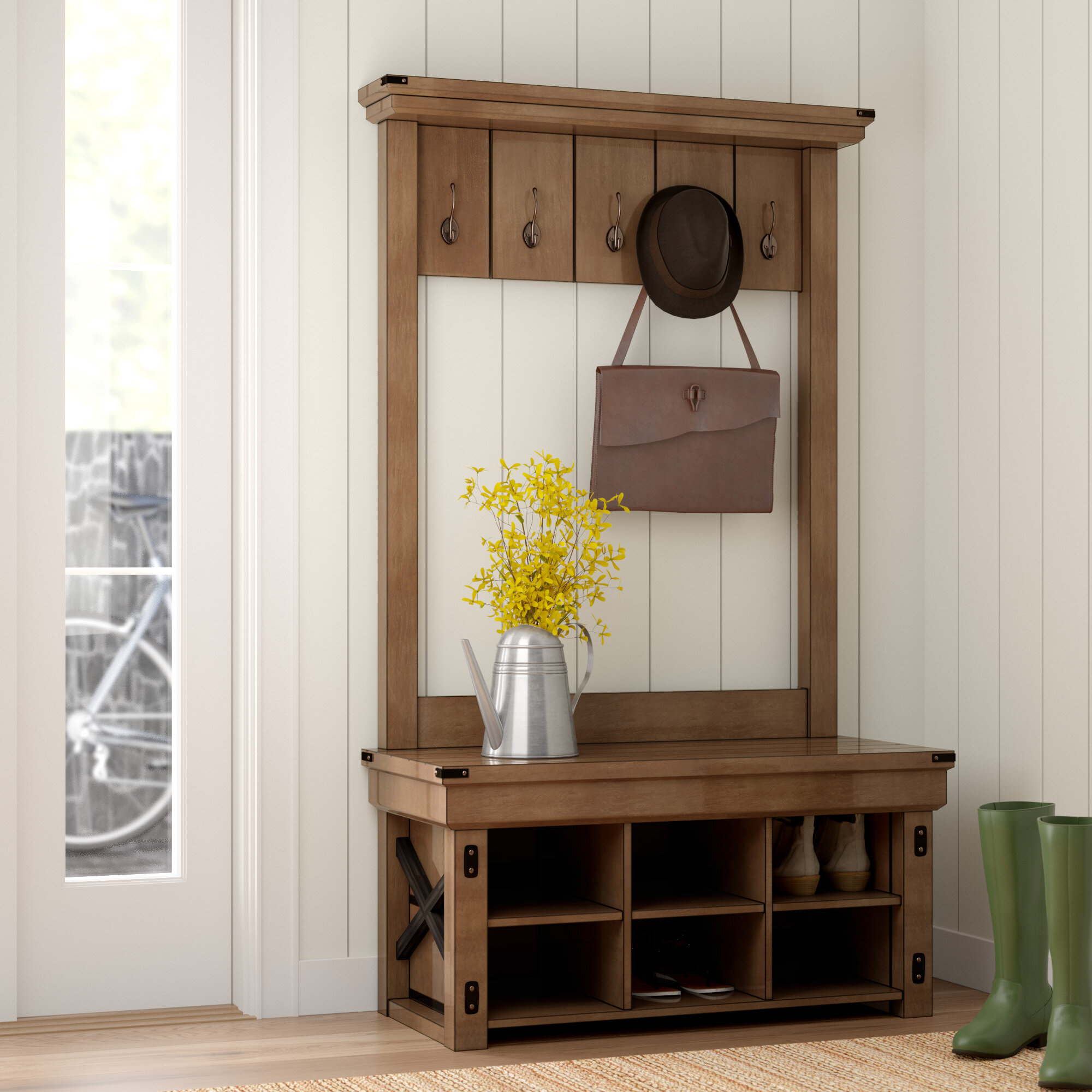 farmhouse bench with coat rack