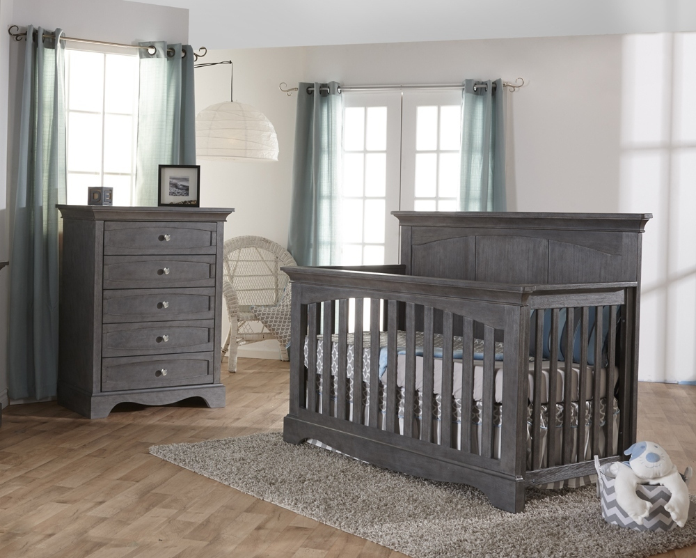 gray crib and dresser