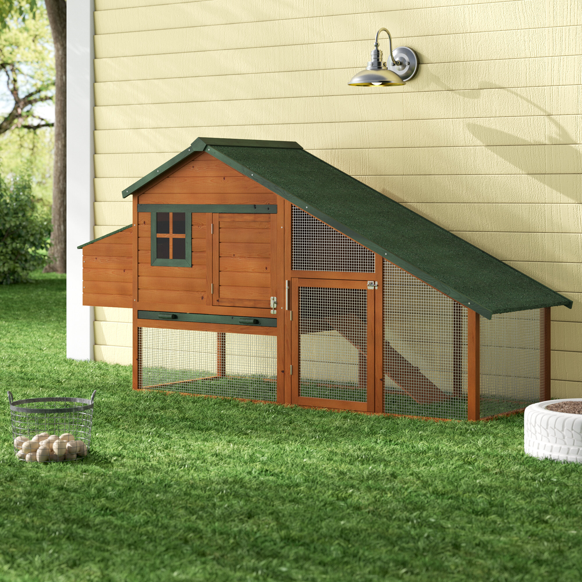 Grisby Wooden Backyard Slant Roof Hen House Chicken Coop with Chicken Run