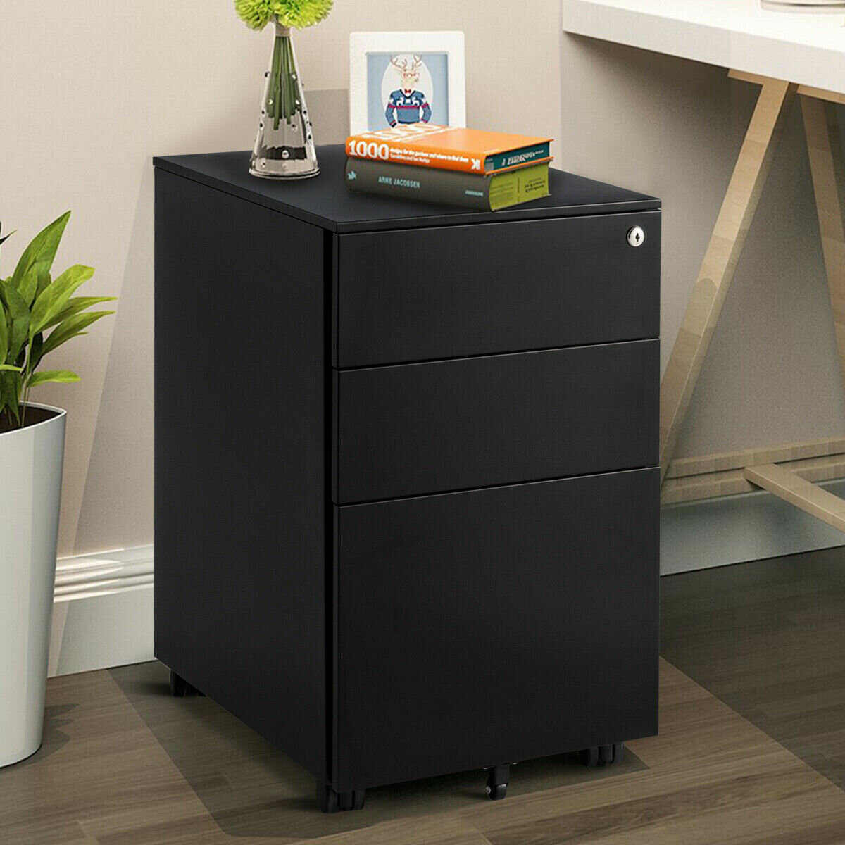 HOMEER 3-Drawers Metal Under Desk Arc Vertical File Cabinet with Lock Used in Office Home Classroom Storage Cabinet fit in Legal Size and Letter Size Black 