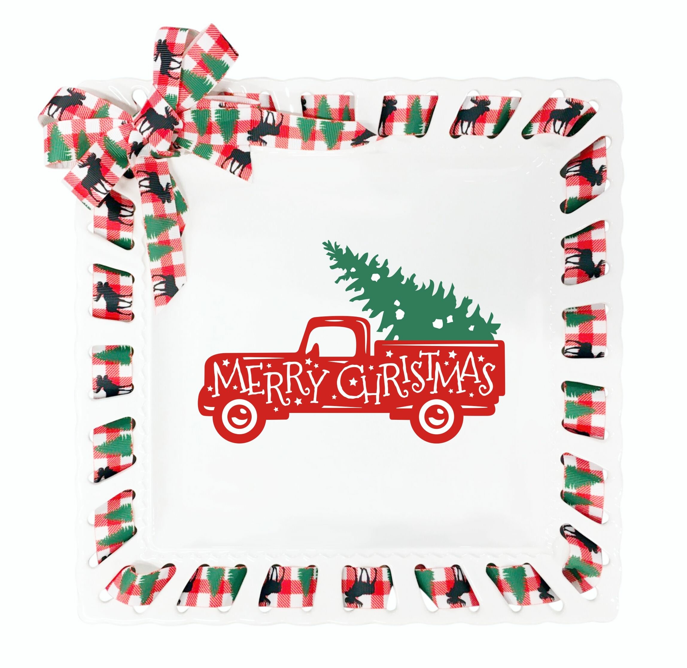 Hashimoto Christmas Plaid Ribbon Red Truck and Tree Decorative Plate