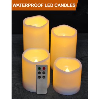 HOME MOST Set of 4 Waterproof Outdoor LED Pillar Candles with Remote (3"/4"/5"/6" Tall) - Flameless Candles Flickering Candles Bulk - Outdoor Candles with Timer Waterproof Candles Battery Operated