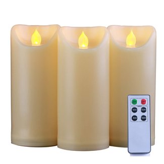 Homemory 3PCS 7" 7" 7" Waterproof Flameless Candles with Timer and Remote Control, Outdoor Battery Operated Flickering LED Candles, Ivory Appearance and Amber Yellow Light