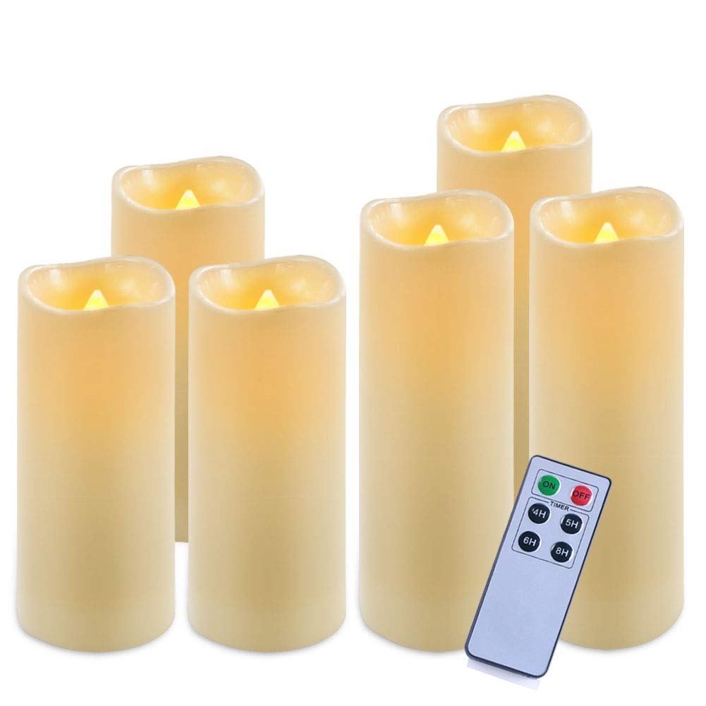 2 Pack 4’’ x 6’’ Outdoor Led Flameless Candles Battery Operated Flickering Pillar Candles with Timer//Remote,Large Decorative Electric Lights for Living Room,Garden,Patio,Home,Birthday,Wedding,Ivory