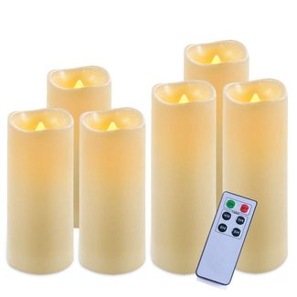Homemory Pack of 6 Waterproof Flameless Candles Set (Ivory,H 6"6"6"7"7"7" x D 2.2") - LED Flickering Pillar Candles with Remote and Timer - Outdoor Battery Operated Candles with Amber Yellow Light