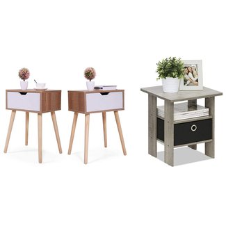 JAXPETY Set of 2 Bedside Table Solid Wood Legs Nightstand with White Storage Drawer (Brown)
