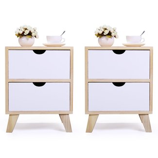 JAXPETY Set of 2 Bedside Table Solid Wood Legs Nightstand with White Storage Drawer (Wood Color & White)