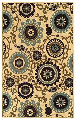 Kapaqua Rubber Backed Non-Slip Floral Swirl Medallion Ivory Blue Beige Multicolor Rugs and Runners - Rana Collection Kitchen Dining Living Hallway Bathroom Pet Entry Rugs