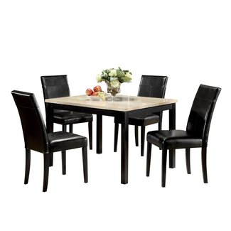 Major-Q 5Pc Pack Transitional Style Finish Set with White Faux Marble Top Dining Table and Black PU Cushion Side Chairs, 9006776