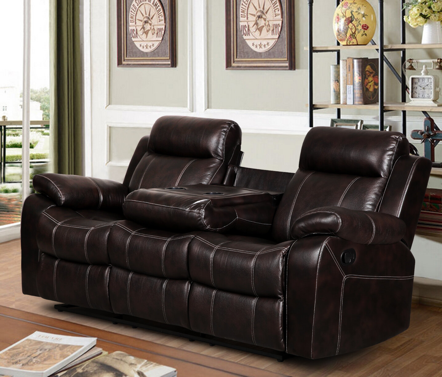 Microfiber Reclining Sofa With Drop Down Table | Baci Living Room
