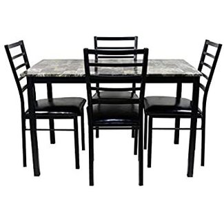 NBLiner Contemporary Style 5 Piece Casual Dining Set with Rectangular Faux Marble Table Top and 4 Cushioned Ladder Back Chairs
