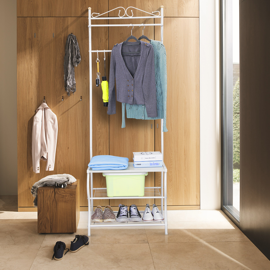 New Entryway Metal Storage Shoe Bench with Coat Rack, 3