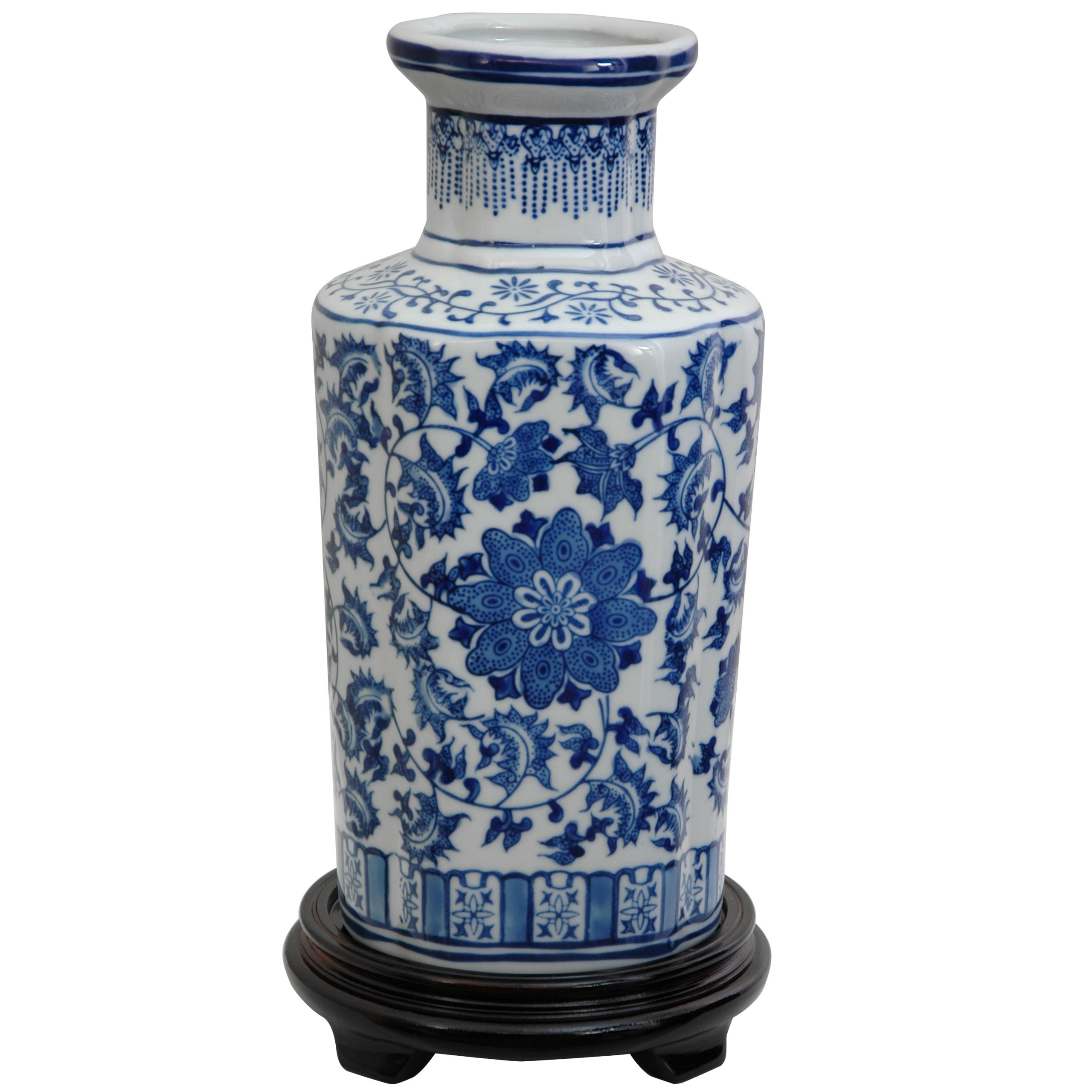 Oriental Furniture 12" Floral Blue & White Porcelain Vase