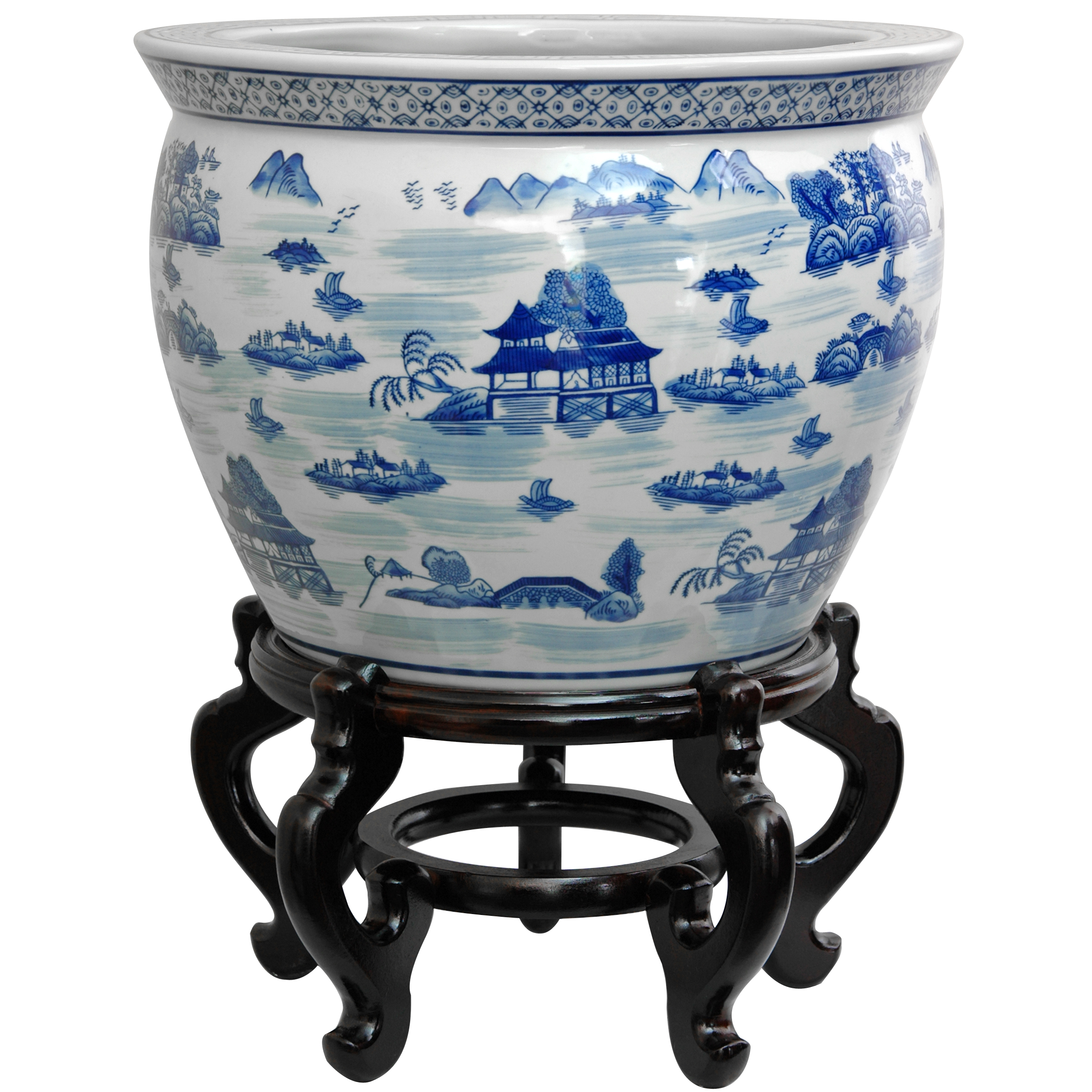 ORIENTAL FURNITURE 12" Ladies Blue & White Porcelain Fishbowl