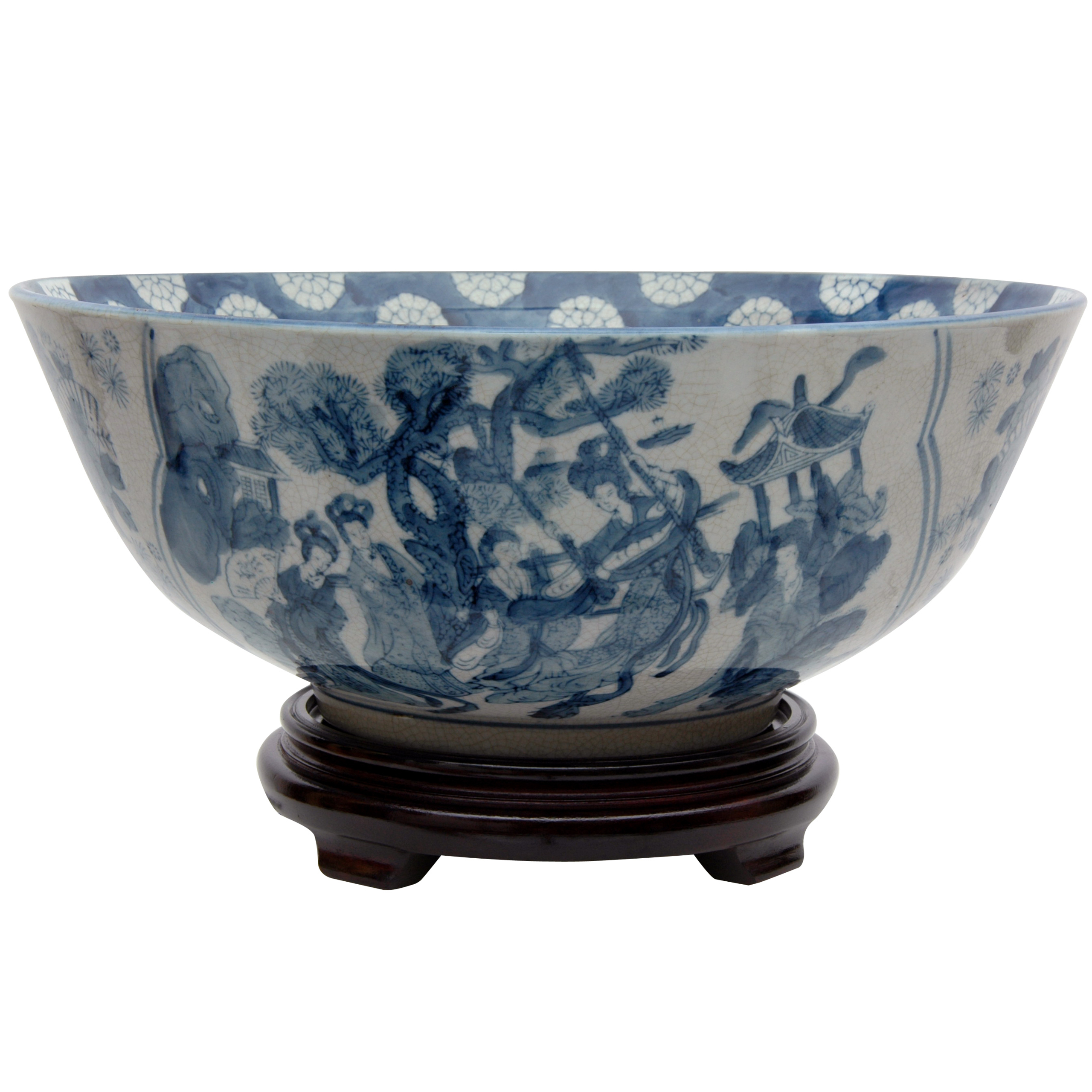 Oriental Furniture 14" Ladies Blue & White Porcelain Bowl
