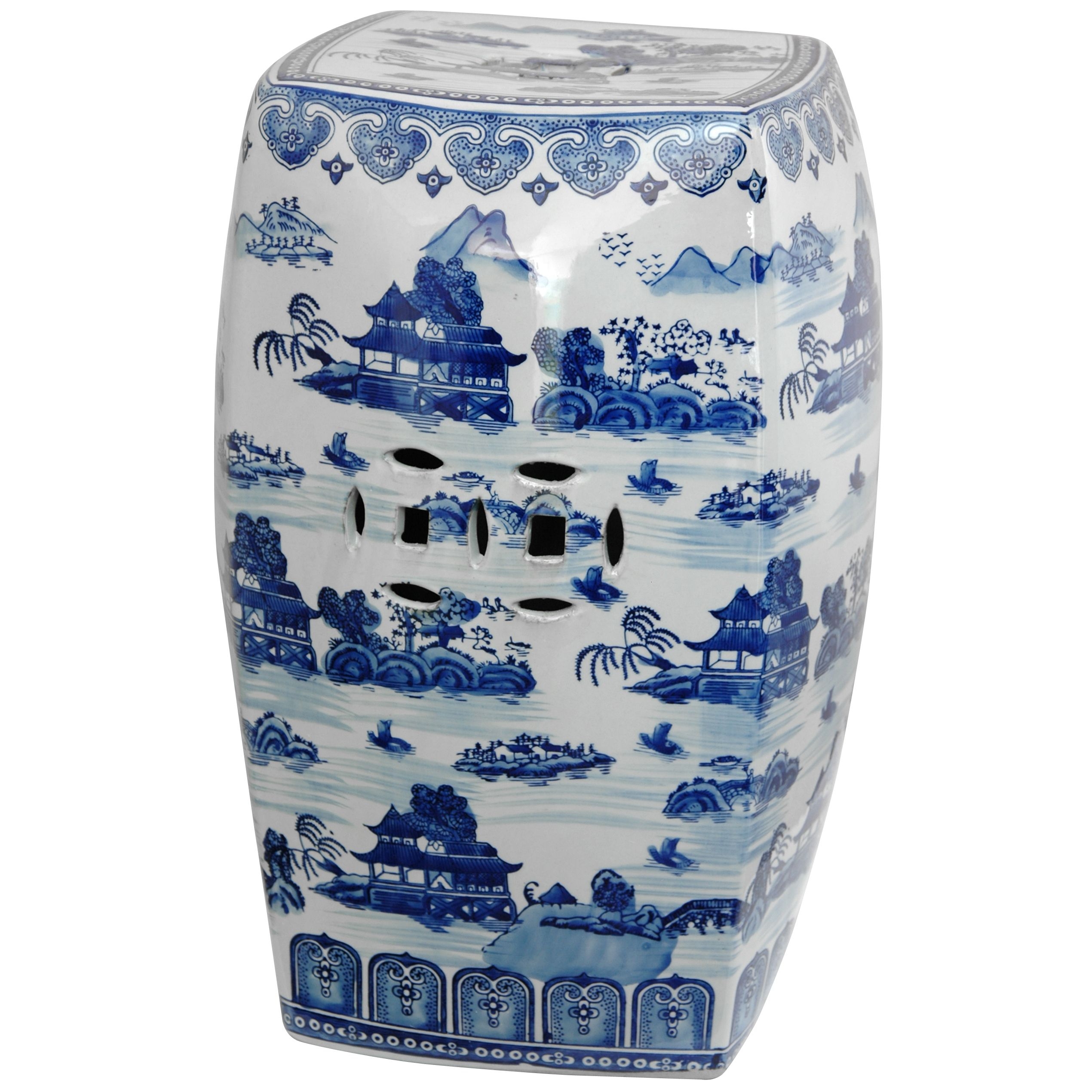 Oriental Furniture 18" Square Landscape Blue & White Porcelain Garden Stool