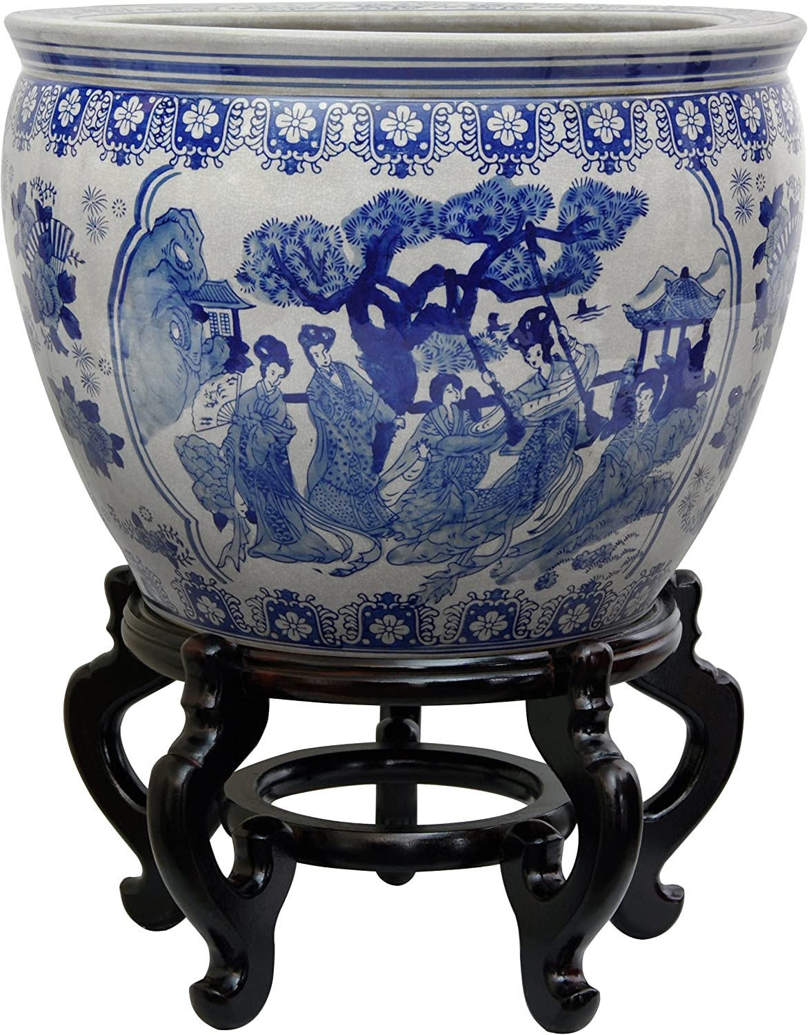 ORIENTAL FURNITURE Classic Chinese Porcelain Fishbowl Planter Pot Jardiniere - Ming Blue & White Floral Design - 12", 14" & 16" Dia.