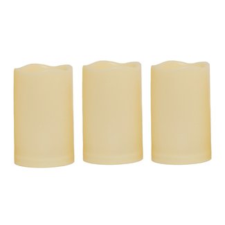 Outdoor Indoor Flameless Candles with Timer by iZan Waterproof Plastic Realistic Flickering Battery Operated LED Pillar Candles Long Lasting 1500 Hours Battery Life 3”x5” Waved Edge 2-Pack