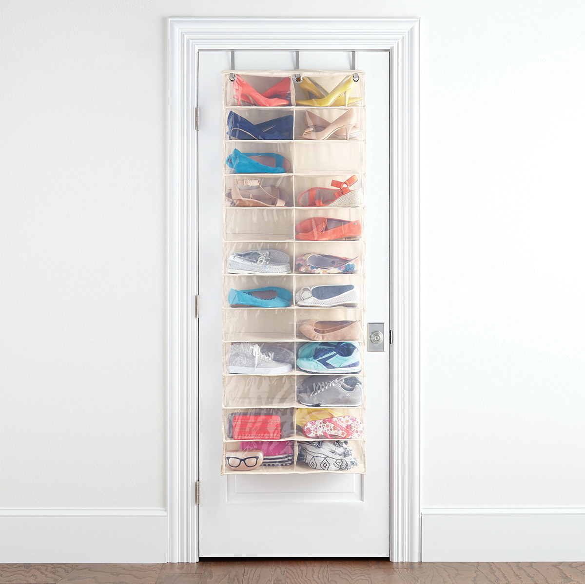 4 Tier Cream Over Door Hanging Hook Organiser Shoes Storage Pocket Space Saver 