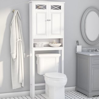 Over The Toilet Storage Cabinet - Modern Space Saving Organizer with 2 Doors and Open Shelf