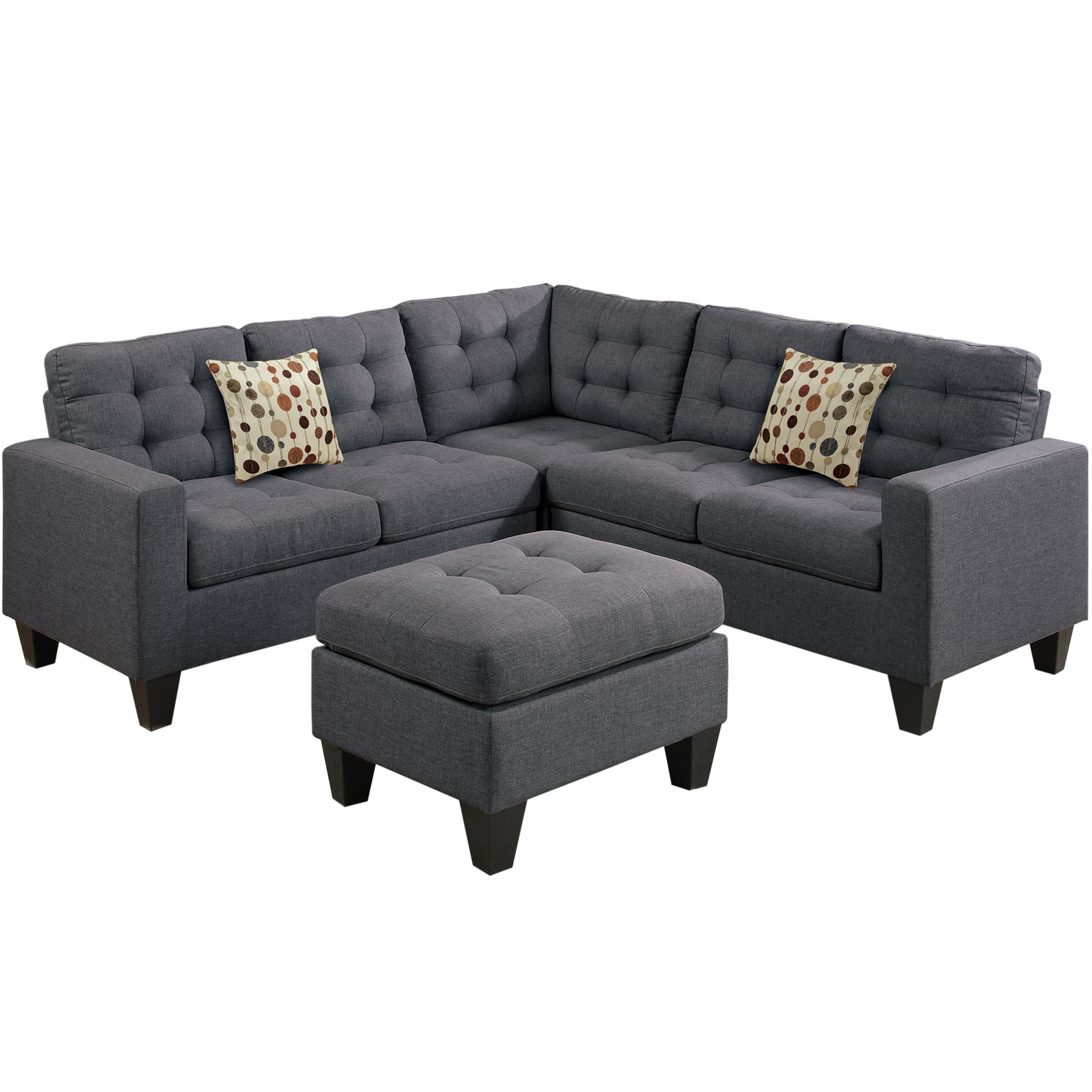 Poundex F6935 Bobkona Norton Linen-Like 4 Piece Sectional with Ottoman Set, Blue Grey