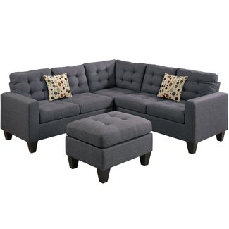 Poundex F6935 Bobkona Norton Linen-Like 4 Piece Sectional with Ottoman Set, Blue Grey