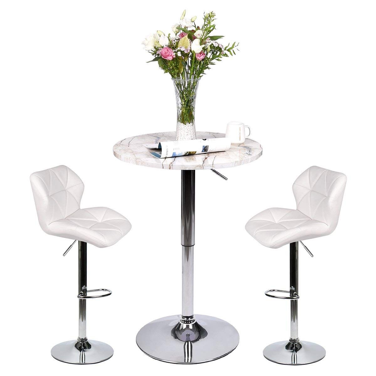 Pub Table Set 3 Piece - 24 inch Round Table with 2 Leatherette Chairs - Height Adjustable (White Barstools + Marble Stripe Pub Table)