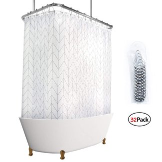 Riyidecor All Wrap Around Shower Curtain Polyester Fabric Panel 180x70 Inch White Chevron Clawfoot Tub Set Herringbone Waterproof Free Metal Hooks with 32-Pack Extra Wide